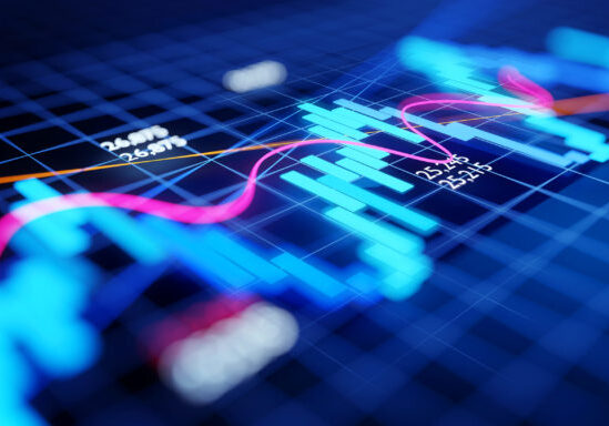Close up and focused stock market business investment candlestick chart - Economy and trading concept. 3D illustration.